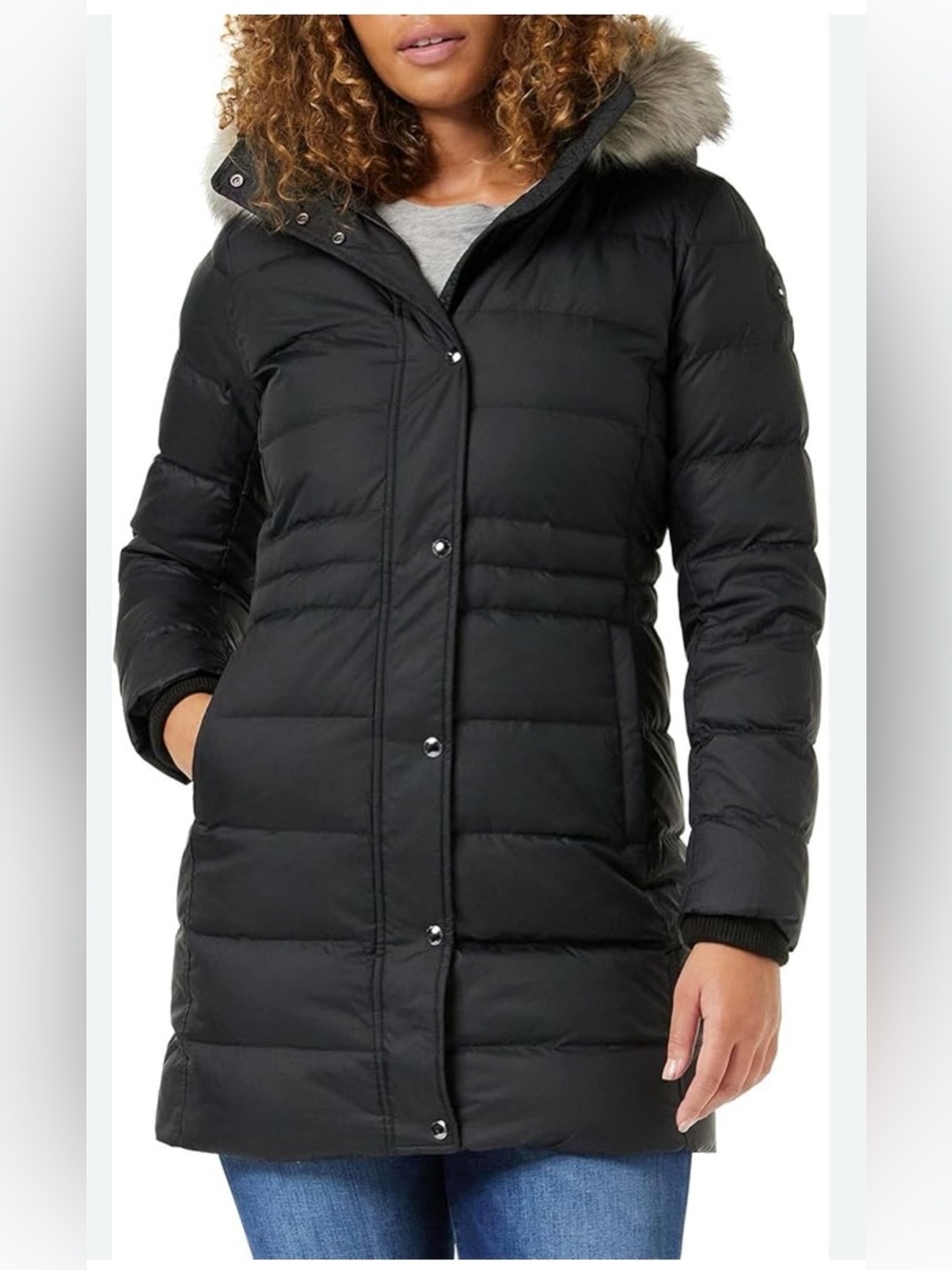Tommy Hilfiger Women’s Down Black Long Puffer Coat with Faux Fur Trim Hood